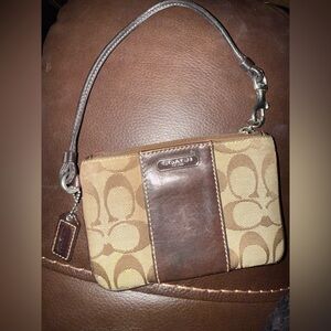 Coach Signature Canvas & Leather Khaki & Brown Wristlet